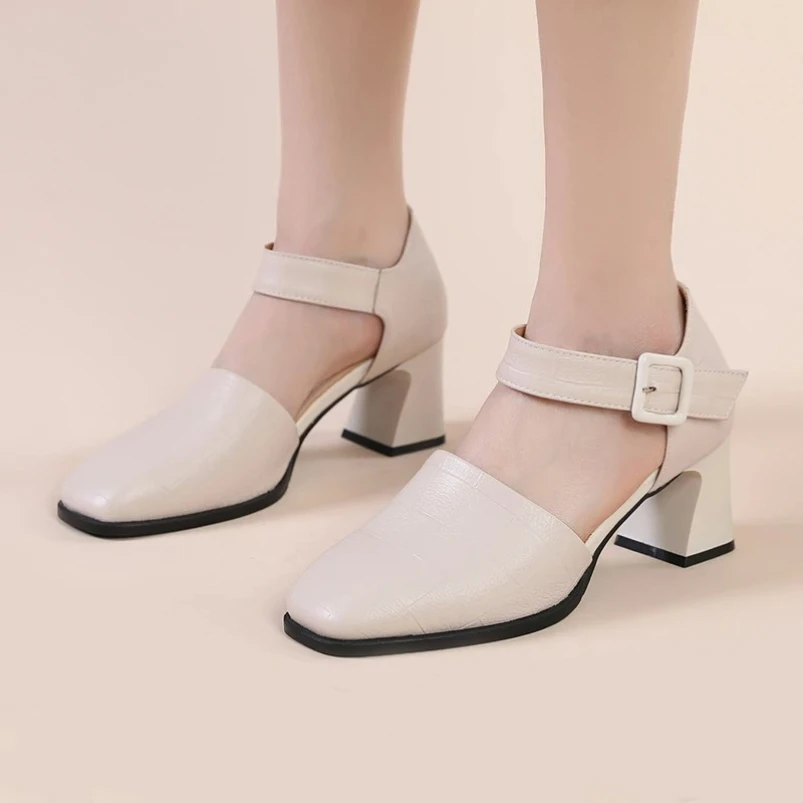 

Новинка 2025 года, модная летняя обувь из натуральной кожи с круглым носком на высоком каблуке в стиле ретро, уличная женская обувь с пряжкой и ремешком, женские туфли-лодочки ручной работы