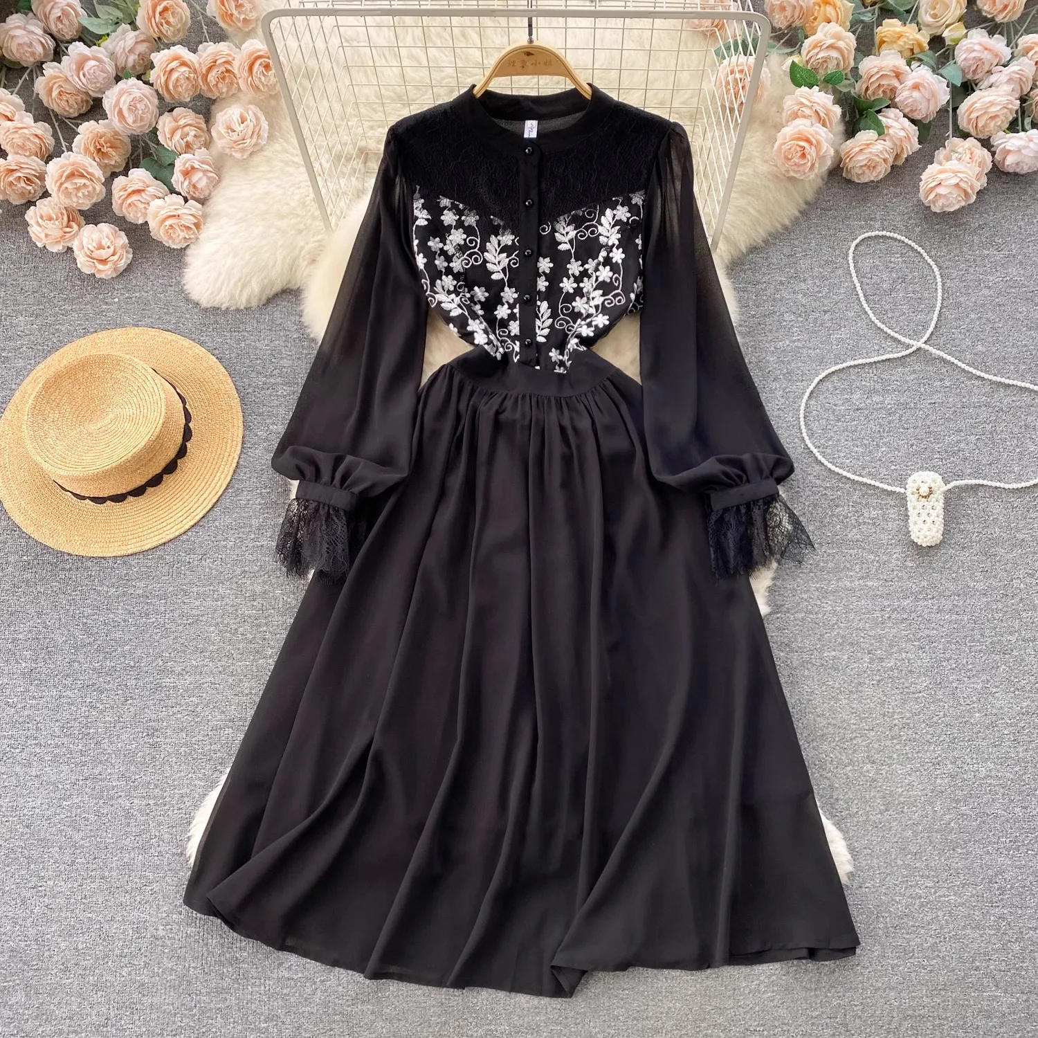 

2024 New Fall Spring Embroidery Lace Flower Patchwork Chiffon Dress Women Stand Collar Flare Sleeve High Waist Black Midi Dress