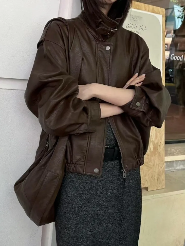 Jaet de cuero para mujer American Sle de color caramelo, informal, holgado, otoño 2025, abrigo largo con cierre de cremallera a la moda