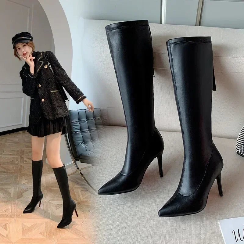 New Leather High Quality Women Over The Knee Boots Super Thin High Heel Sexy Ladies Long Boots Fashion Pointed Toe Zipper Botas