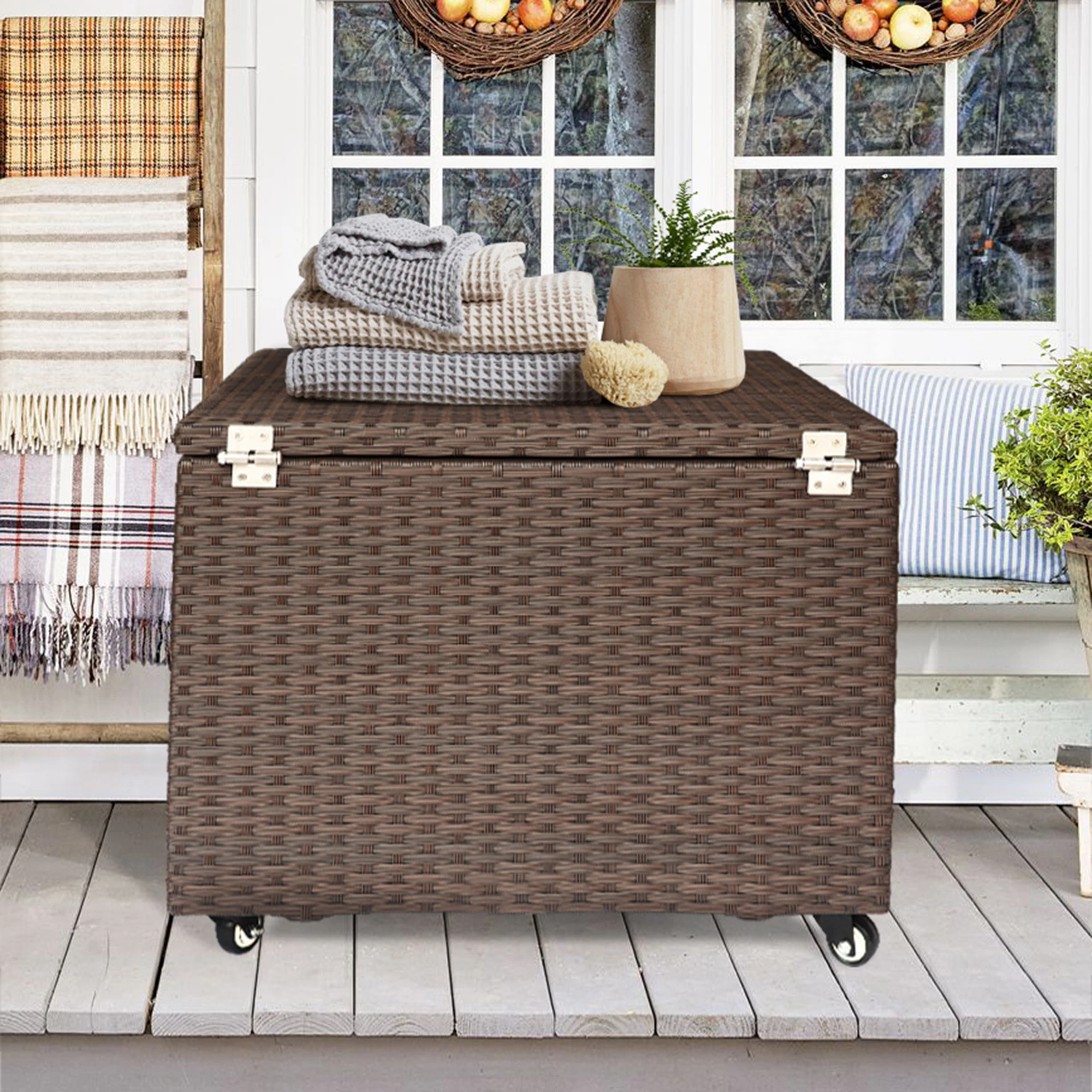 Outdoor Patio Wicker Large Storage Container Deck Box Made of Antirust Aluminum Frames and high quality Resin Rattan table