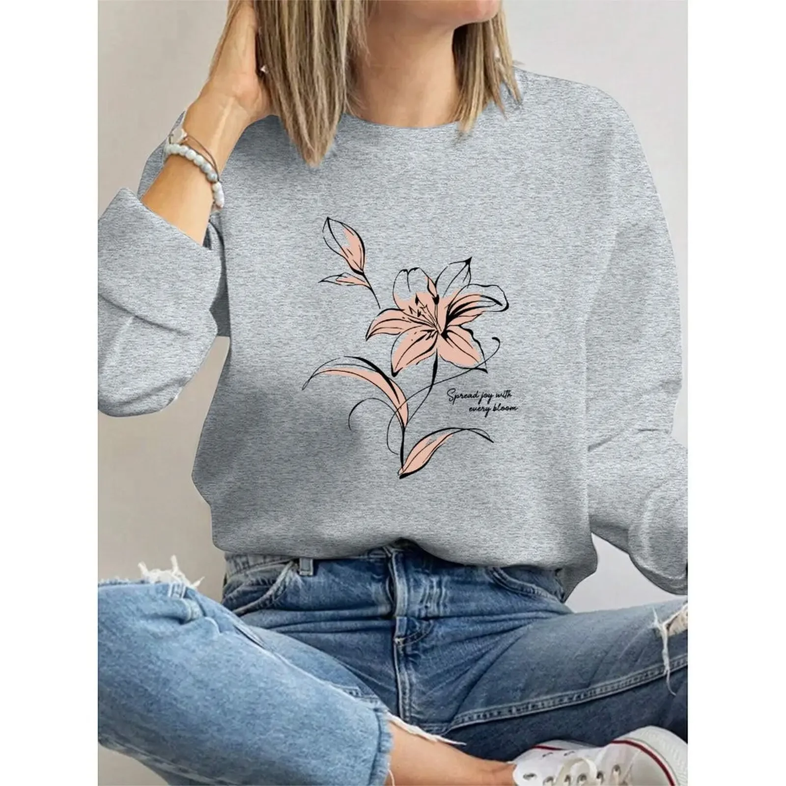 

Round Neck Women Sweatshirt Velvet Winter Casual Long-sleeved Floral Print Long Sleeve Pullovers Autumn Woman Clothes