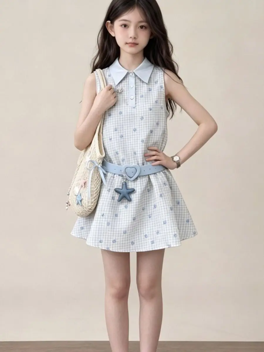 韓国風スウィートプリンセス肩出しポロカラーベストドレス夏新作子供服女の子服
