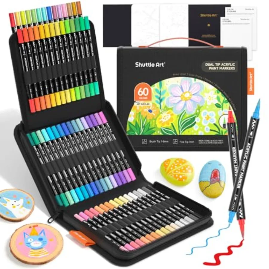 

60 Colors Dual Tip Acrylic Paint Markers, Brush Tip and Fine Tip Acrylic Paint Pens for Rock, Ceramic, Wood, Canvas, Plastic, G