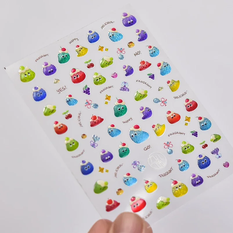 Gelei Pudding Kersen Grappige Ogen Fruit Voedsel Geboord Kat Glanzende Liefde Hart Cartoon Taart Koek Reliëf Nail Art Sticker Manicure Sticker