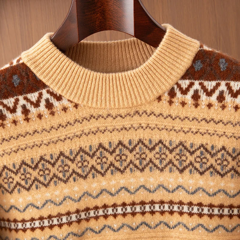 Autumn Winter 100% Pure Wool Men's Half-High-Necked Pullover Knitted Fashion Thickened Bottoming Shirt Jacquard Cashmere Sweater