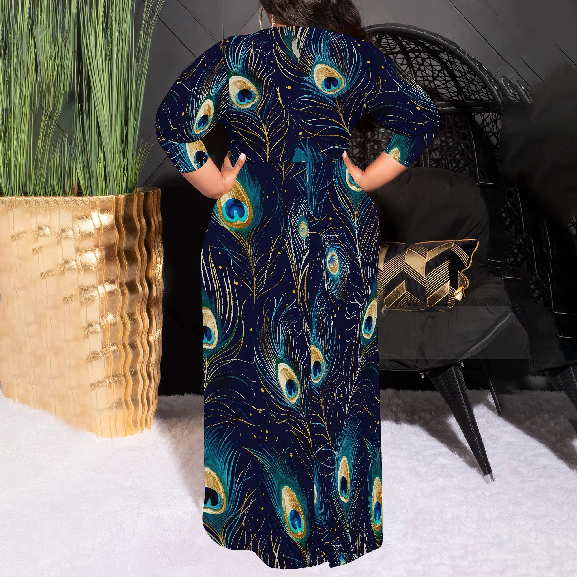 Plus Size Peacock Feather Print Long Sleeve Maxi Dress for Women Elegant  Casual Tunic Dress with Belt - AliExpress 200000345