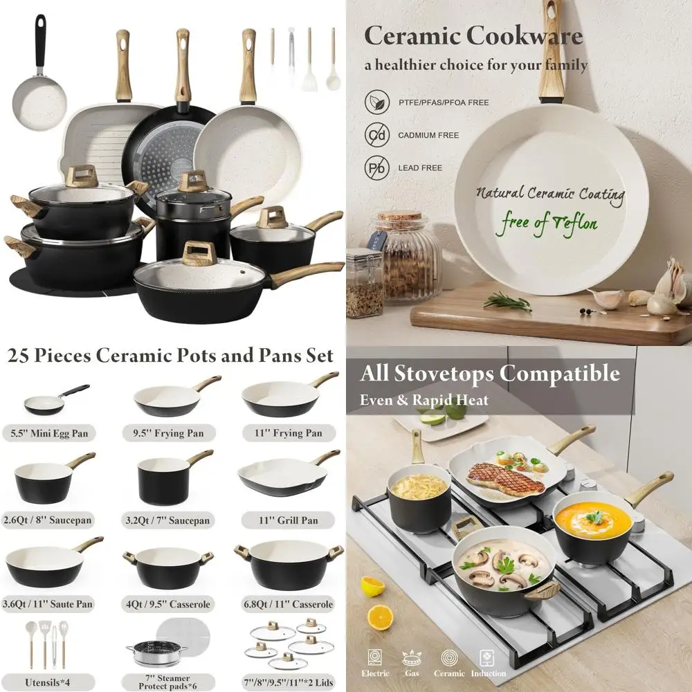 

Non-Stick Ceramic Cookware Set, 25-Piece, Healthy & Large Capacity, Induction Ready, Safe and Eco-Friendly, Black/White