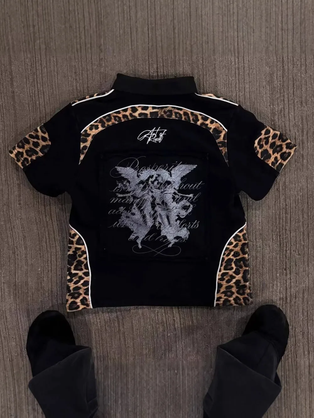 2026 New Summer Retro Punk Leopard Pattern Splicing Polo Shirt, Gothic Letter Printed Short Sleeve Collar, Street Trendy Casual