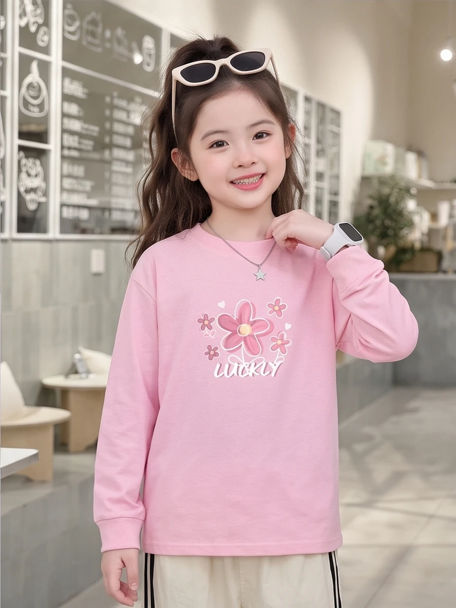 Girls Crew Neck Cotton Long Sleeve T-shirt Cute Floral Lucky Print Breathable Drop Shoulder Kids Autumn Daily Tee 100-170cm