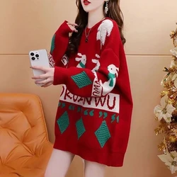 Plush Thickened Red Christmas Sweater Women's Sweet Autumn And Winter 2023 new Loose Lazy Style Knitted Top Blend Wool Pullover