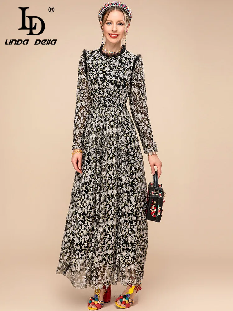 LD LINDA DELLA 2023 New Spring Runway Mesh Dress Women Long sleeve Floral Embroidery Black Vintage Elegant Party Long Dress