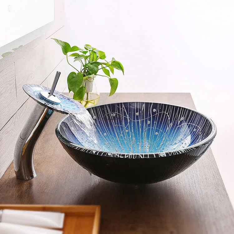 42cm Round Bowl Basin Hotel Countertop Washbasin Set Sky Blue Tassel Pattern Tempered Glass Vessel Sink