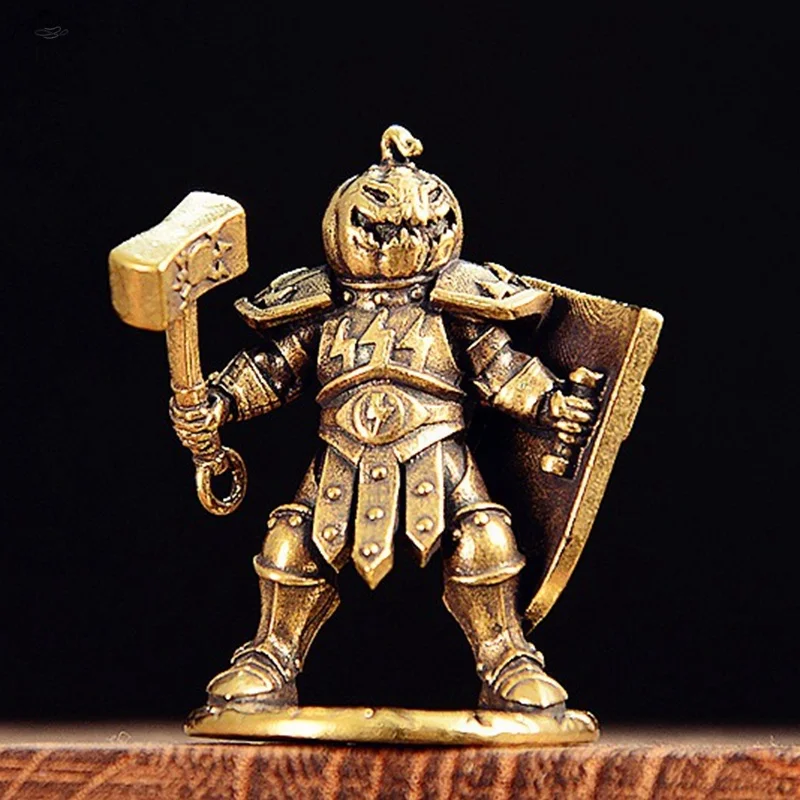 retro Brass Made Shield Soldier Statue Pumpkin Demon Warrior Display with Hammer Pumpkin Headgear Figurine Home Office Decor
