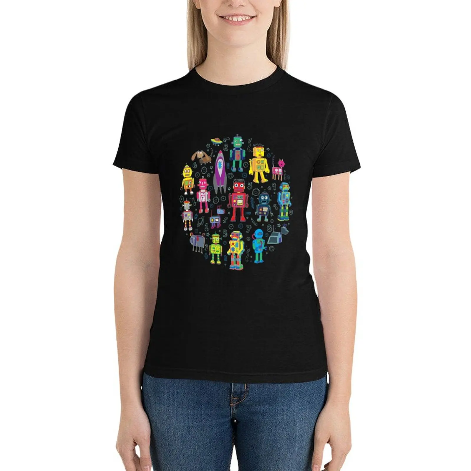 

Robots in Space - black - fun pattern by Cecca Designs T-Shirt plus sizes funny womans clothing