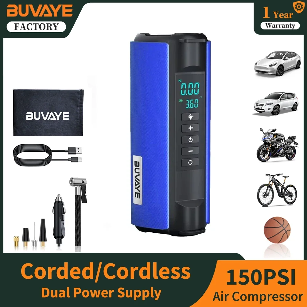 BUVAYE Car Air Compressor With Power Bank Wired&Wireless Dual Use Tire Inflator Portable 150PSI Electric Air Pump With LED Lamp