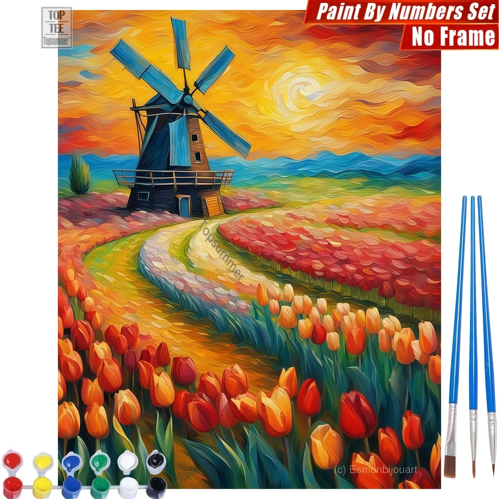 

Vibrant tulip field Painting By Number Kit - Windmill path splendid Canvas Wall Art Thanksgiving Day Gift For Wife