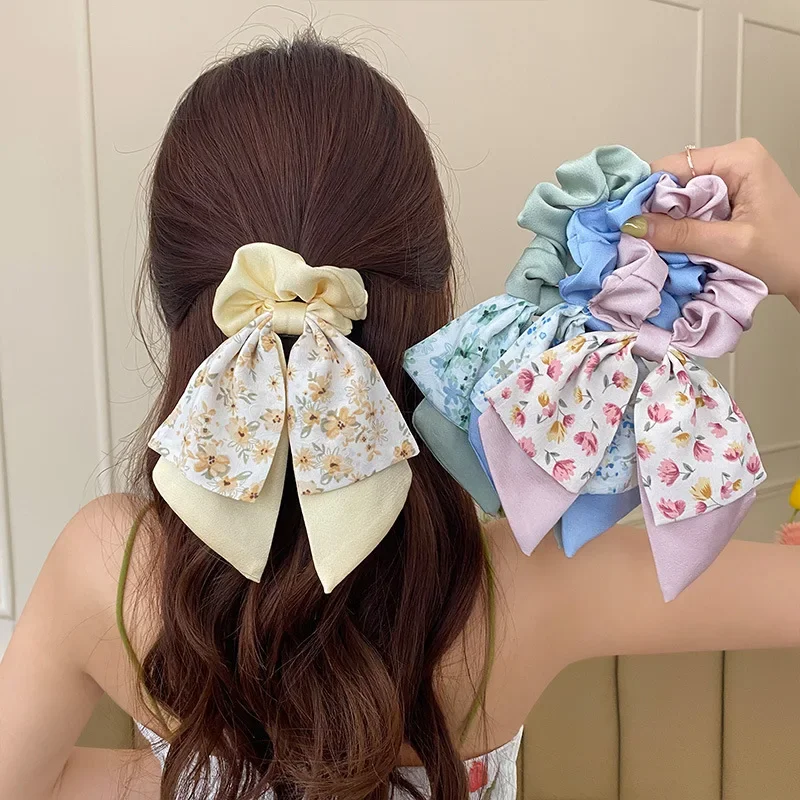 New Floral Print Bow Elastic Hair Bands Women Hair Ties Women Elegant Ribbon Rubber Band Headwear Girls Women  Hair Accessories