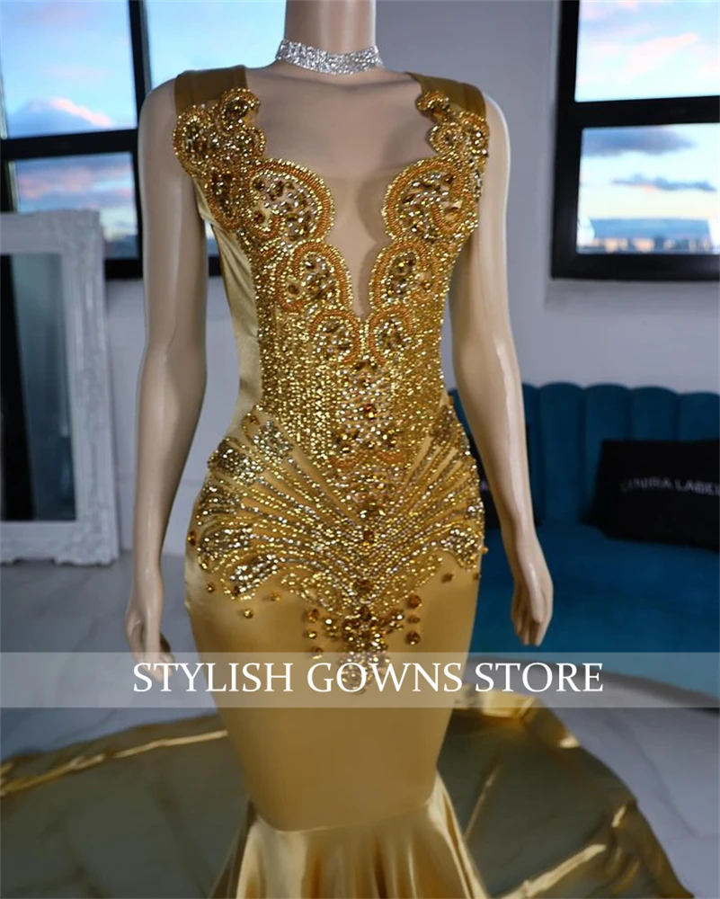 Gold Sheer O-Neck Long Prom Dress para meninas negras, strass cristal frisado, vestidos de festa de aniversário, vestidos de noite sereia