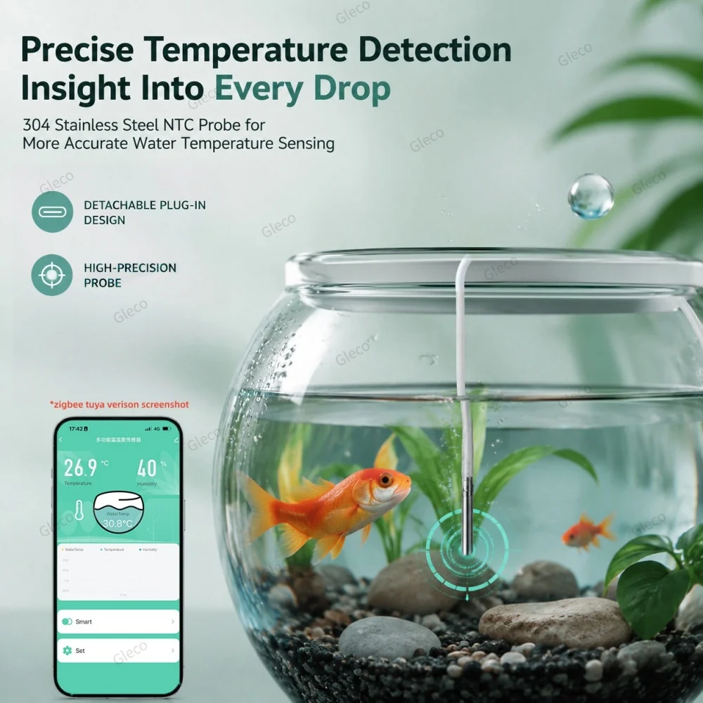 Zigbee Temperatur- und Feuchtigkeitssensor mit externer abnehmbarer Sonde, Thermometer TUYA 2MQTT, Fernüberwachung für Pflanzen, Aquarien, Pools – Detail 4
