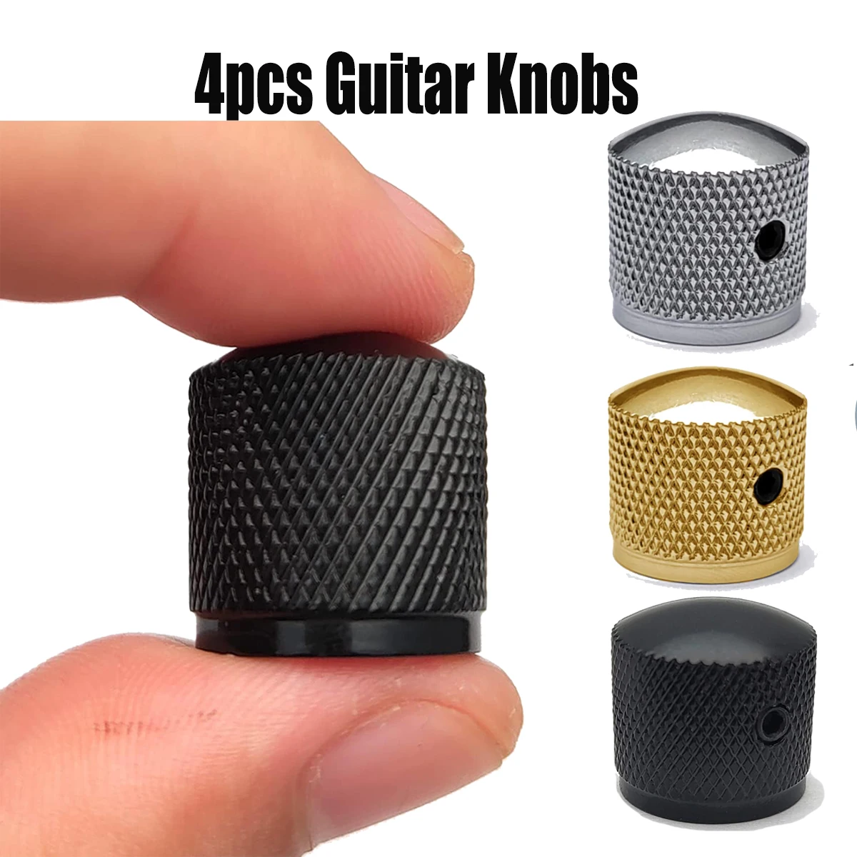 4pcs Metal Guitar Control Knobs - Chrome / Black / Gold | Locking Hex Design w/ Wrench | Potentiometer Caps for Guitar/Bass