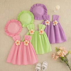 Baby Clothes Girl Summer Solid Color Beach Girls Dress With Floral Patterns Cute Simple Girl Kid's Dress With Hat