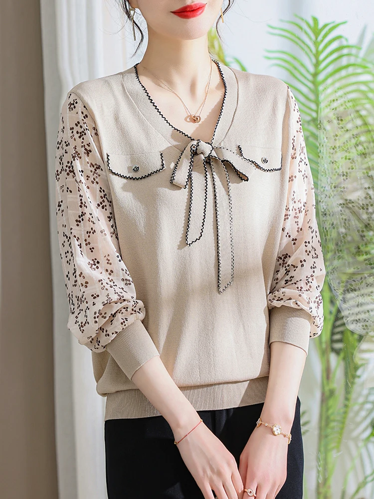

Faionable Thin Knitted irt for Middle-Aged Mothers Spring Autumn Base Layer Top Women's Clothing Loose Fit V-Ne ort S...