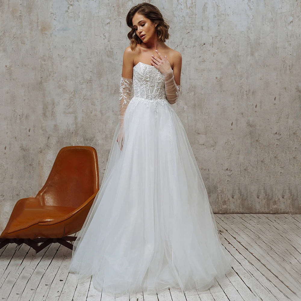 Weilinsha Sexy Strapless A-line Detachable Sleeves Wedding Dresses Women Court  Train Backless Appliques Bridal Gowns