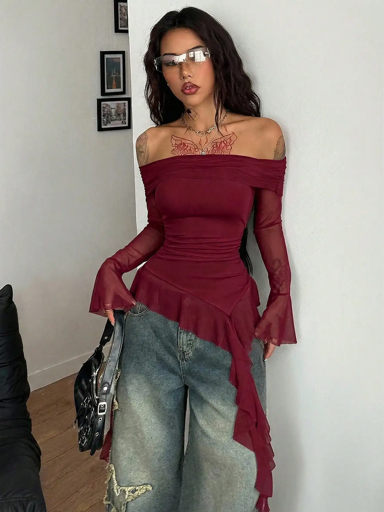 Top con volantes y hombros descubiertos para mujer, con mangas acampanadas transparentes, estilo streetwear Y2K, camiseta boho para festivales