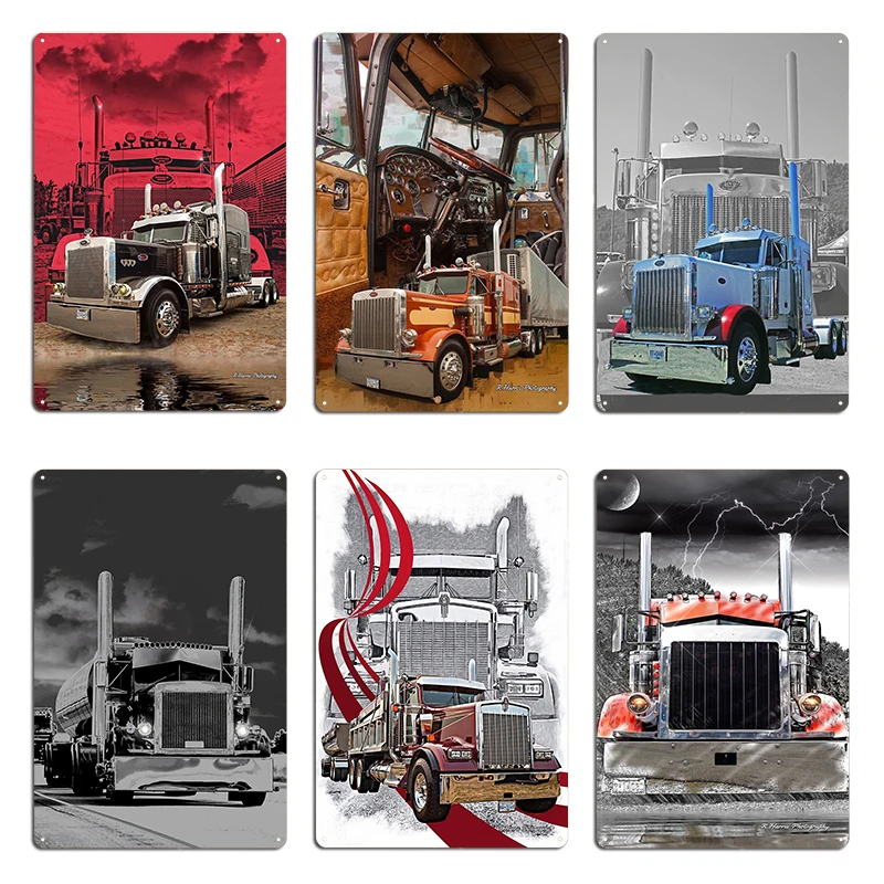 Peterbilt with Red Peterbilt background Old School Peterbilt Interior and Truck Metal Classic Create Customize Tin Sign Poster