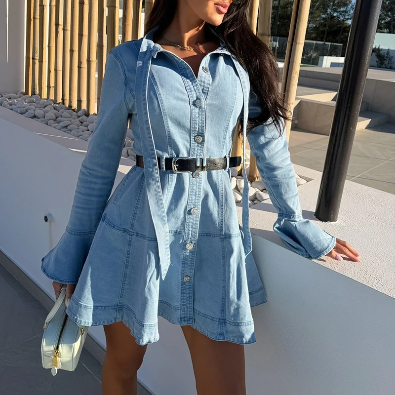 

Fashion Flare Sleeve High Waist Party Dress Casual Streetwear Button Short Dress Spring New Women's Stand Collar Commuter Dress