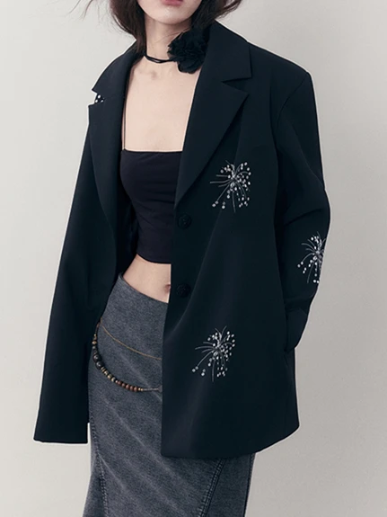 Veste de costume fluide pour femme avec broderie lourde et sequins, aspect premium, pour le quotidien, coupe ample, manches longues