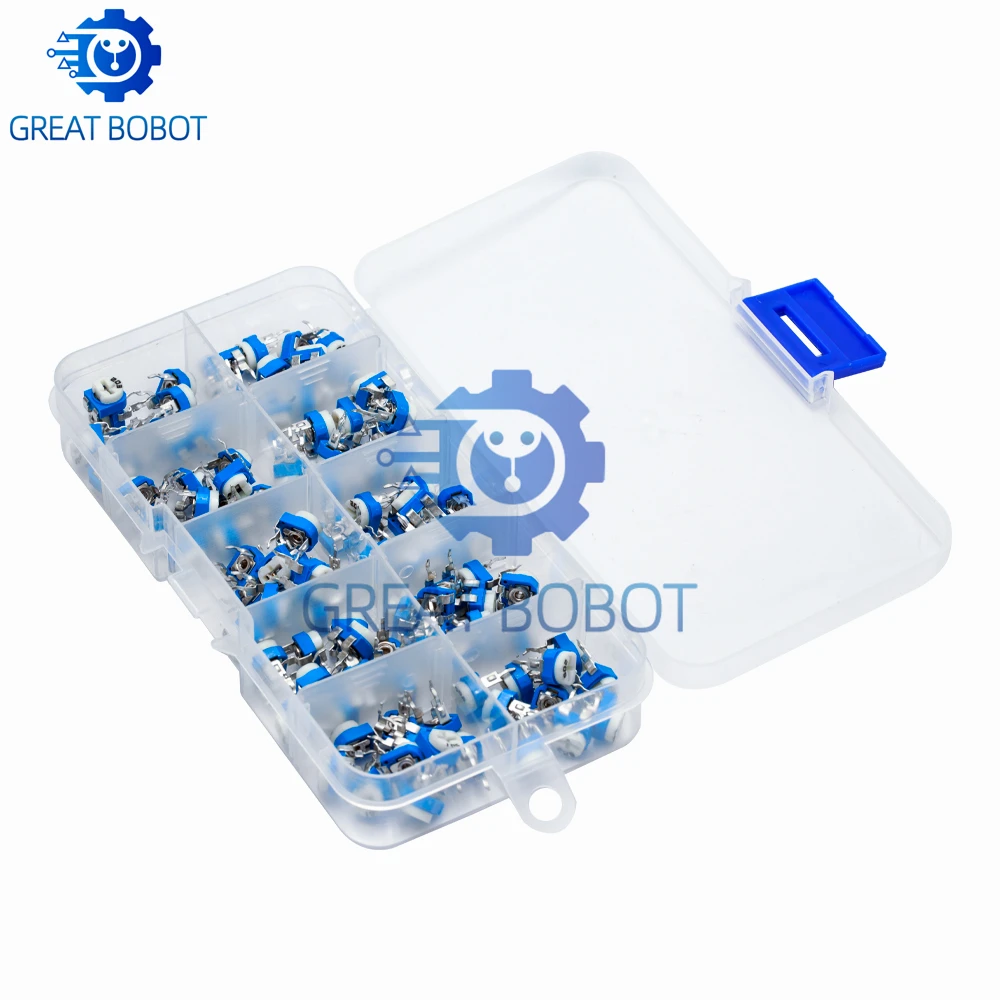 RM065 Vertical Mount Multiturn Trimmer Kit (10 Values): 500Ω to 1MΩ ±10% Tolerance Pre-Sorted in Storage Box
