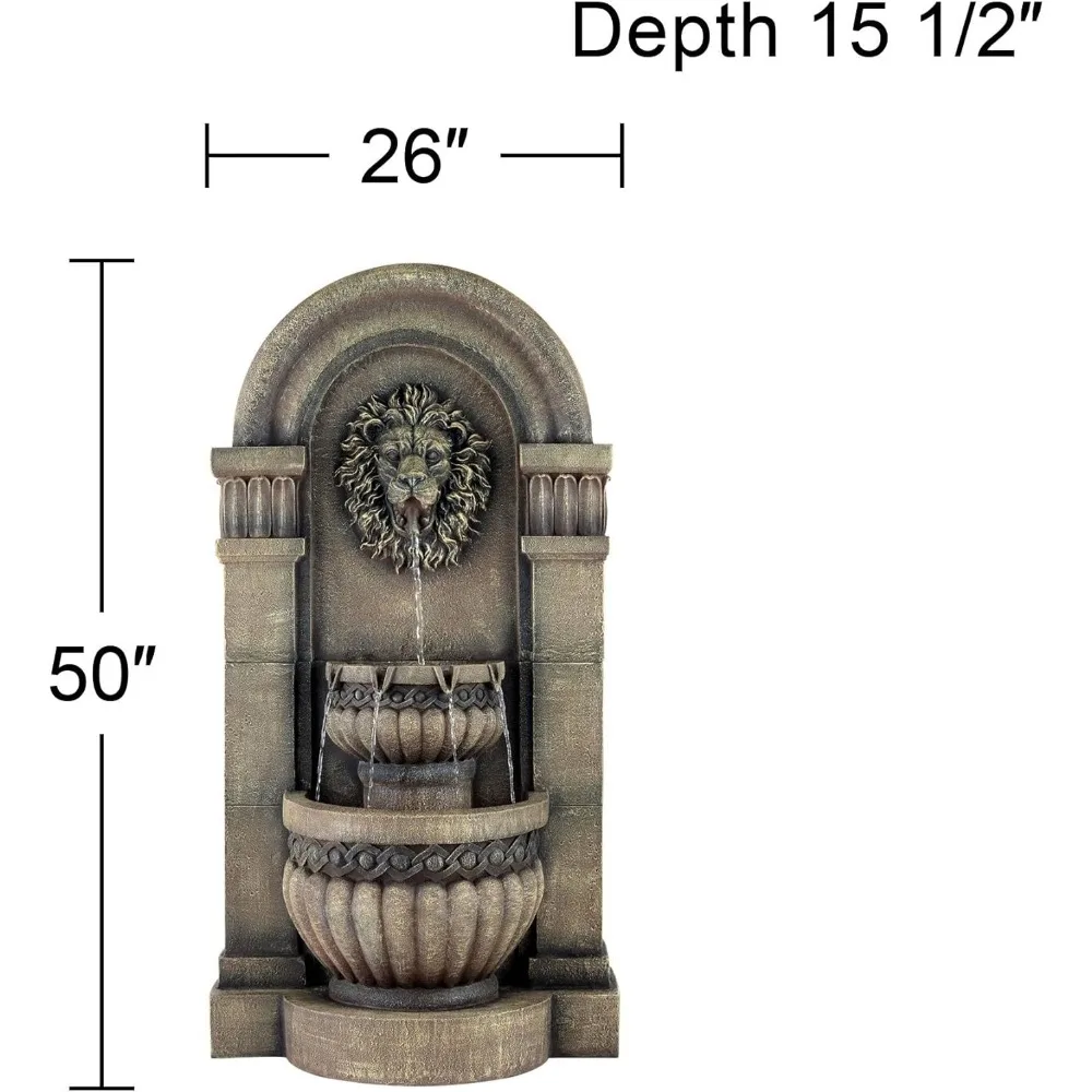 Fontana d'acqua a strati da parete per pavimento esterno romano con faccia di leone, alta 50 pollici, con luce a LED, per giardino, patio, cortile, terrazza, prato, portico