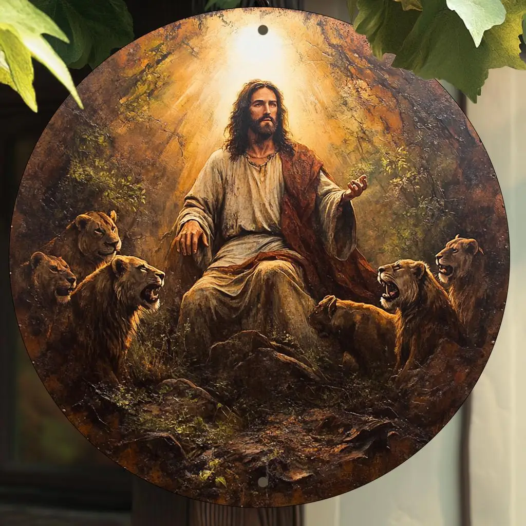 One Piece, rundes 2D-Aluminiumschild mit einem Jesus im Löwen-Den-Thema, hochauflösendes Metallschild, Vintage-Dekor geeignet