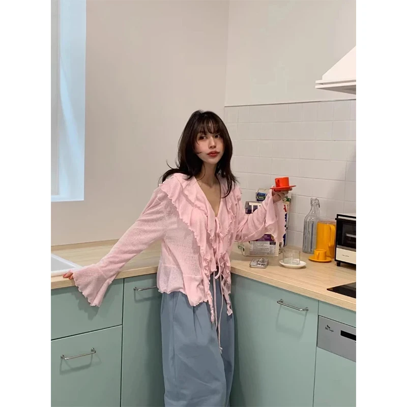 MEXZT Cropped White Shirts Women Fashion Ruffles Bandage Pink Blouses Summer Korean V Neck Flare Long Sleeve Cardigan Tops New