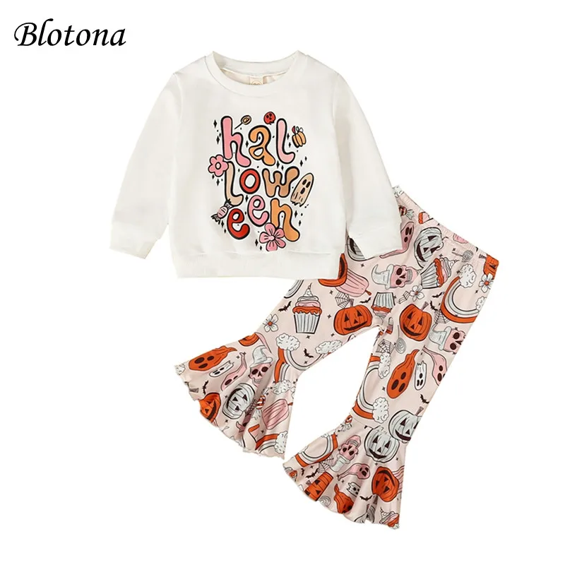 

Blotona Baby Girl Halloween Outfits Long Sleeve Pullover Tops + Cartoon Print Flared Pants Set Toddler Clothes Set 9M-4Y