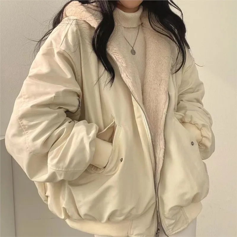 

New 2025 Winter Thicken Women Jackets Coat Casual Loose Zipper Warm Fleece Hooded Parkas Woman Double-Layer Simple Plush Coats