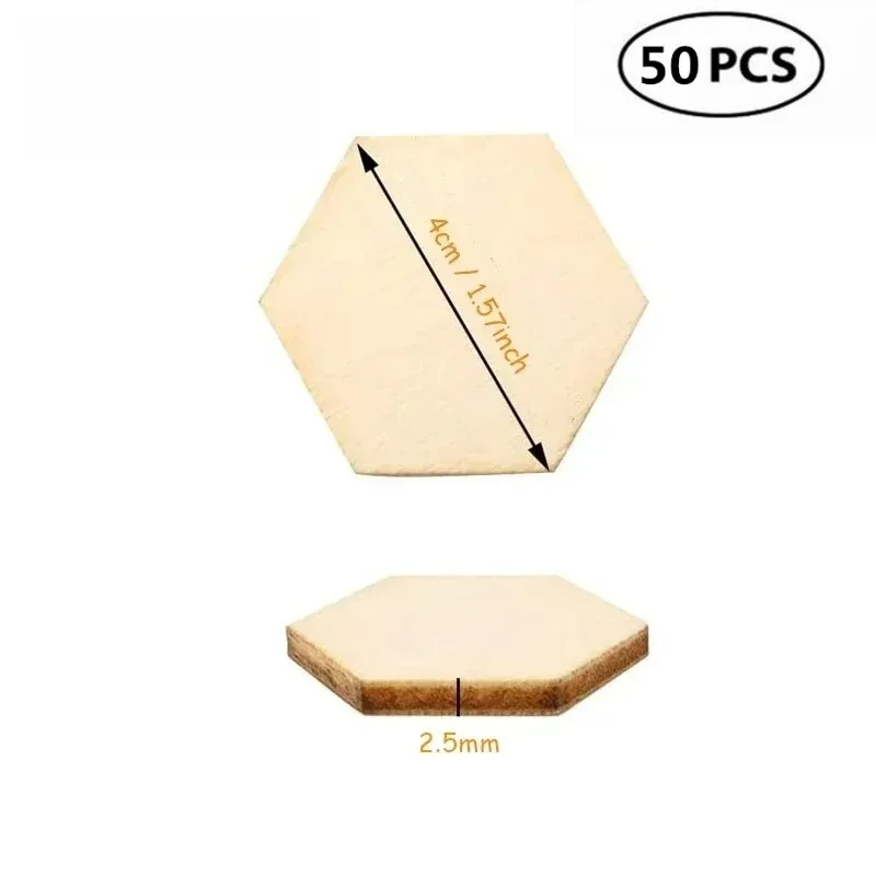 50PCS 4CM Unfinished Wood Hexagon Pieces Wooden Hexagon Cutouts Blank Hexagon Slices Wooden Chips Embellishments for DIY Crafts