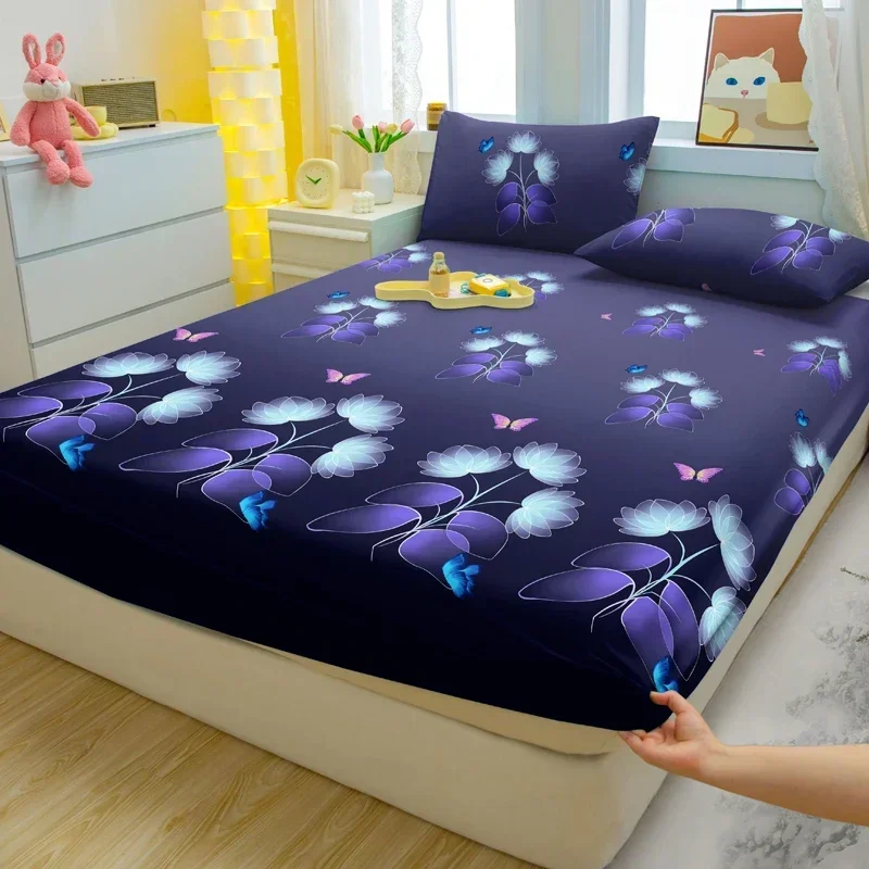 1 Simple Modern Plant Flower Printed Matte Fitted Sheet, Bedroom Printed Bed Cover, Bedding (Excluding Pillowcases)