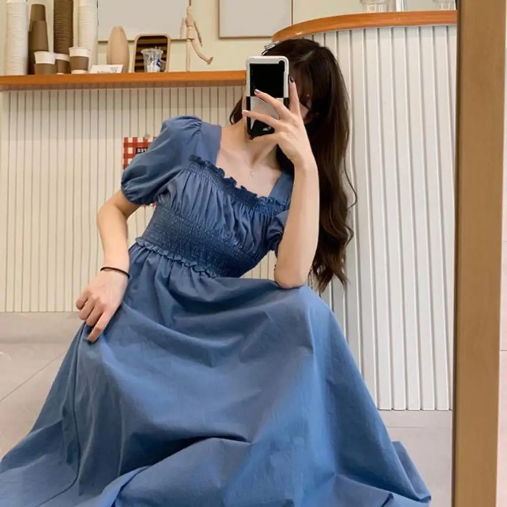 Vestido Midi de Manga Abullonada Estilo Francés con Cuello Cuadrado de Burbuja - details 3