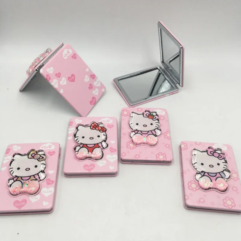 12pcs Sanrio Kawaii Hello Kitty Mirror Student Cartoon Portable Mini Quicksand Sequin Flip Cover Folding Makeup Mirror Gift