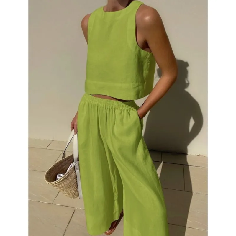 Costume pantalon à jambes larges pour femmes, couleur unie, décontracté, ample, col rond, sans manches, chemise ample, pantalon à jambes larges, ensemble deux pièces, nouvelle collection été