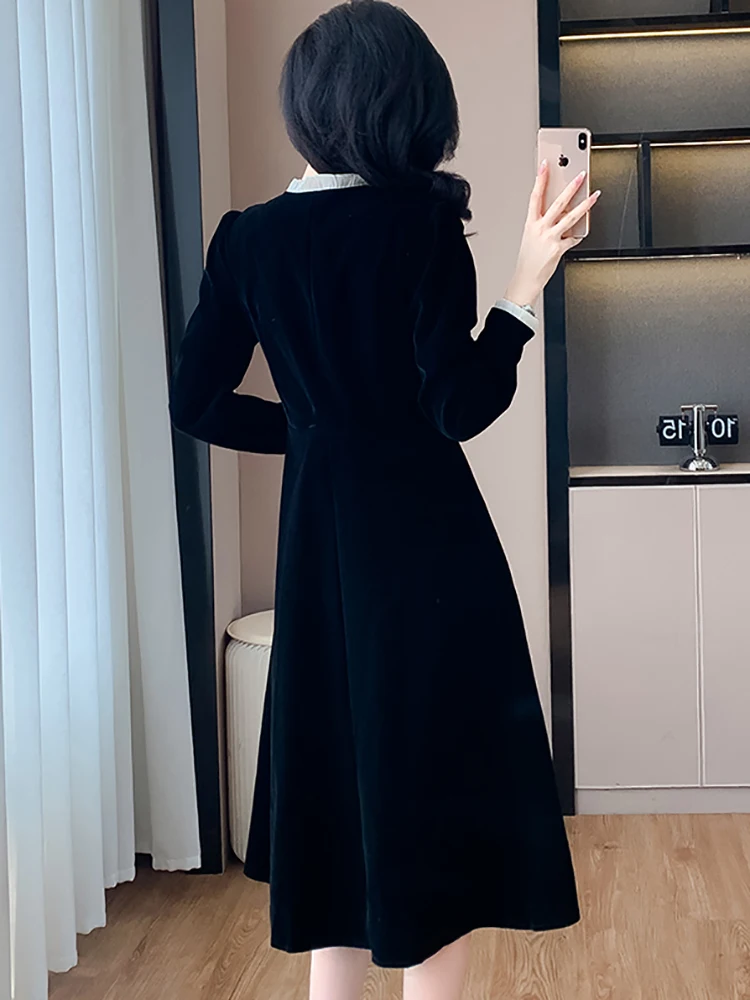 Frauen Koreanische Vintage Bodycon Prom Kleidung Herbst Winter Schwarz Samt Chic Rüschen Kragen Langes Kleid 2025, Elegante Luxus Vestidos