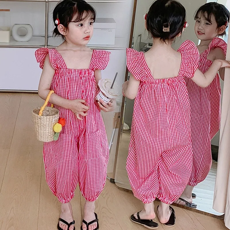 

Kids Girls Plaid Jumpsuit Cute Little Flying Sleeve Summer Children Bodysuit Romper Casual Loose Wide Leg Pants Toddler Bodysuit