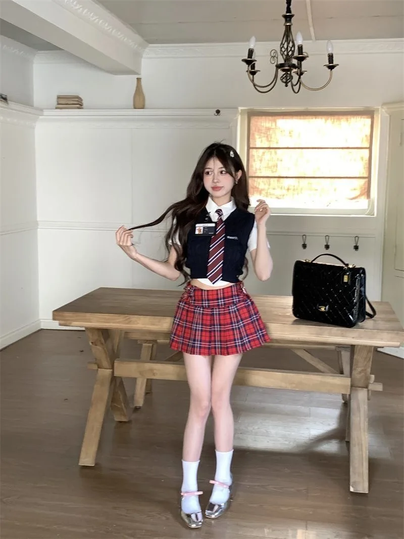 American Style School Girl Uniform Set Summer Daily Slim Vest Mini Pleated Skirt Red Plaid Korean Students JK School Uniform