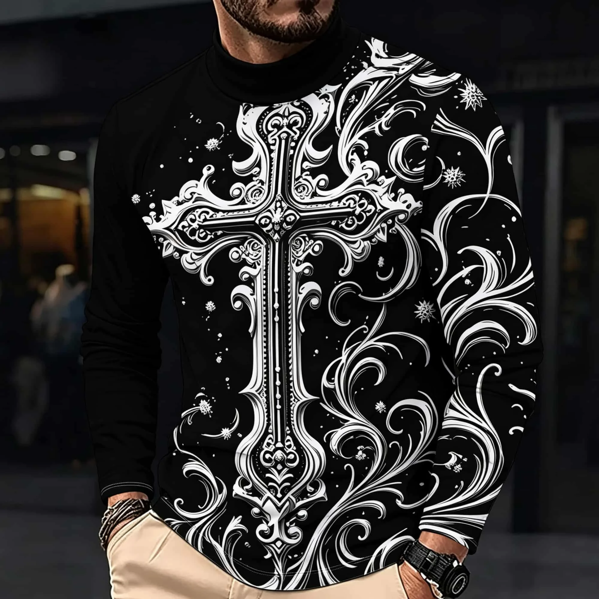 Men Vintage Ornamental Cross Scroll Floral Art Print Mock Neck Long Sleeve Tee, Black‑White Gothic Style Casual Base Layer Shirt