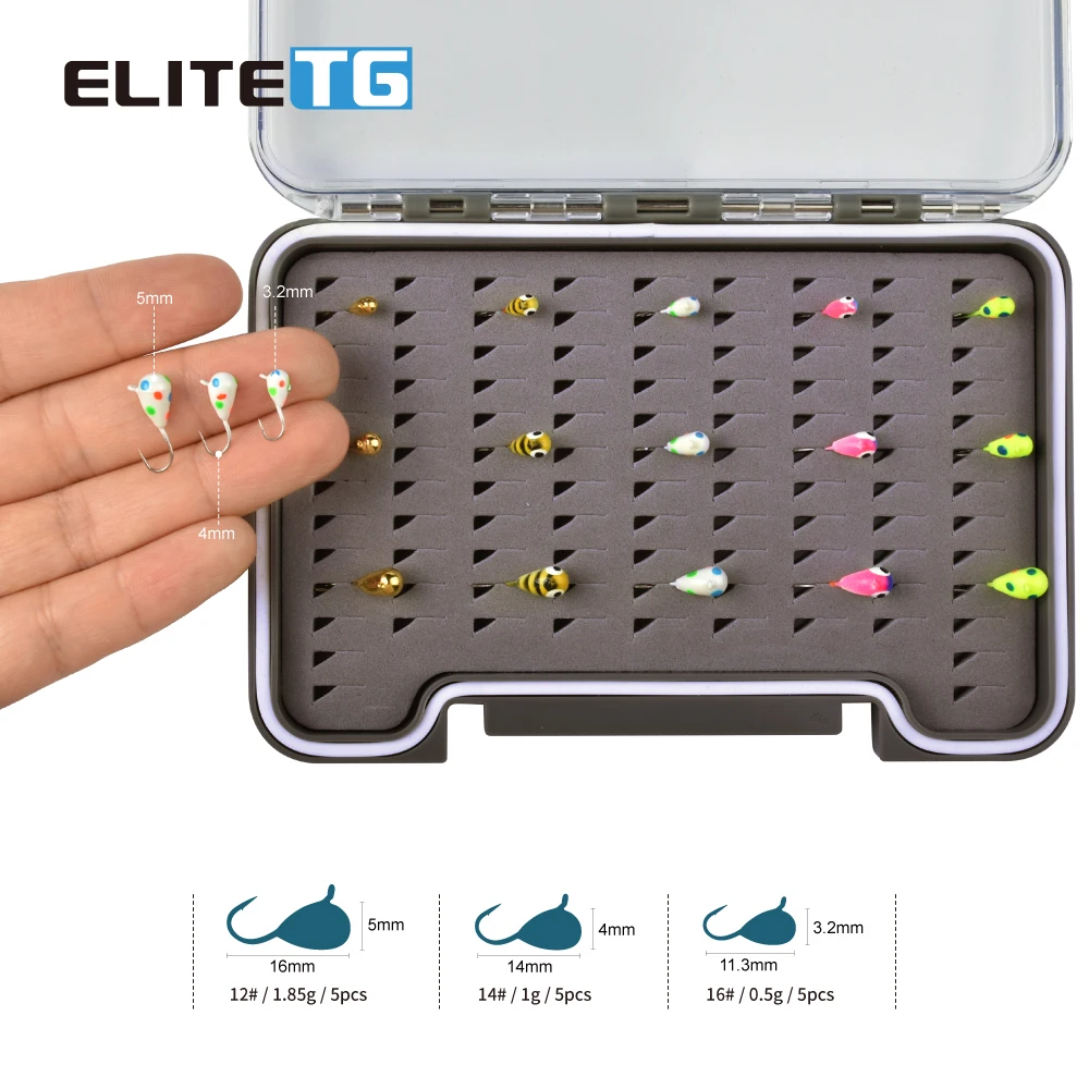 Elite TG Tungsten UV Ice Jig Kit 15PC 3.0mm~5.0mm,Winter Fishing Jigs Colorful Start Boxed Perch Craapie Bluegill Softlure Tool