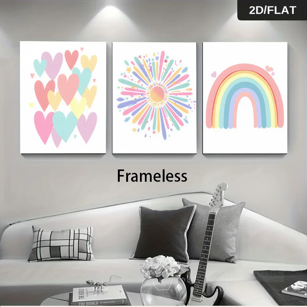 Multiple sizes 3pcs frameless Canvas Painting 1 Set Colorful Love Heart Sun Rainbow triptych frameless Wall Art for Living Room