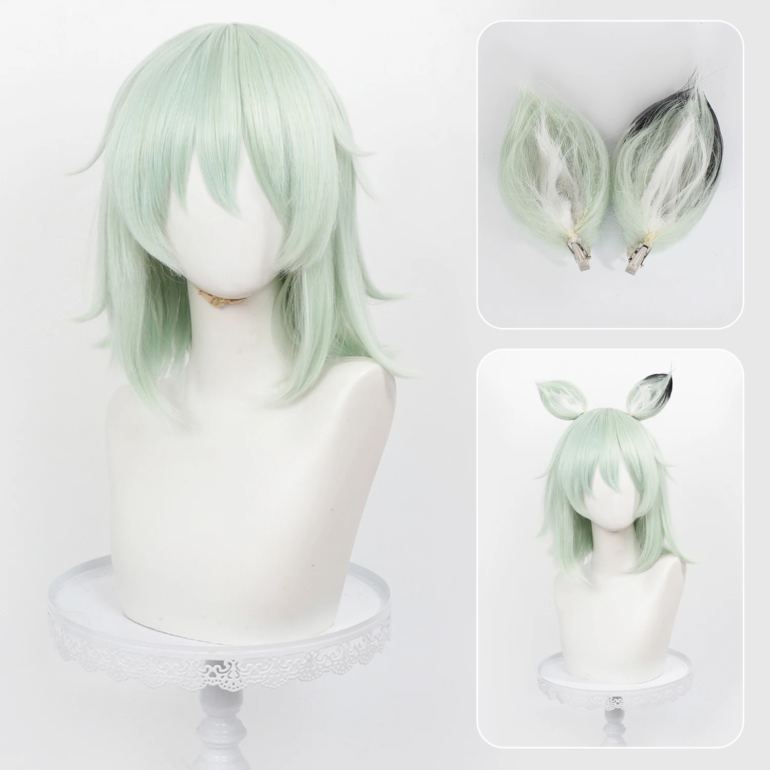 Yani Neko Cosplay Wig Light Green Anime Wig Short Anime Cospaly Wig with Ears Roleplay Synthetic Wig for Cos Halloween Party